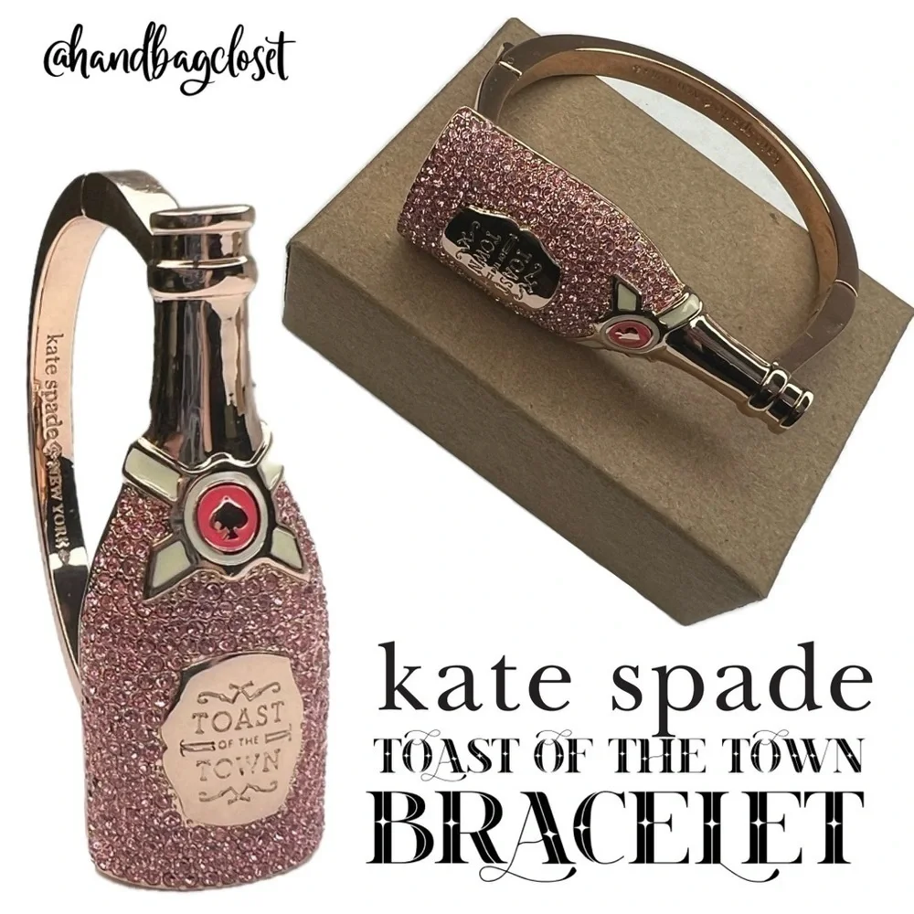 Kate Spade Champagne Toast Bottle Gold Pink Crystal Bracelet - Picture 1 of 16